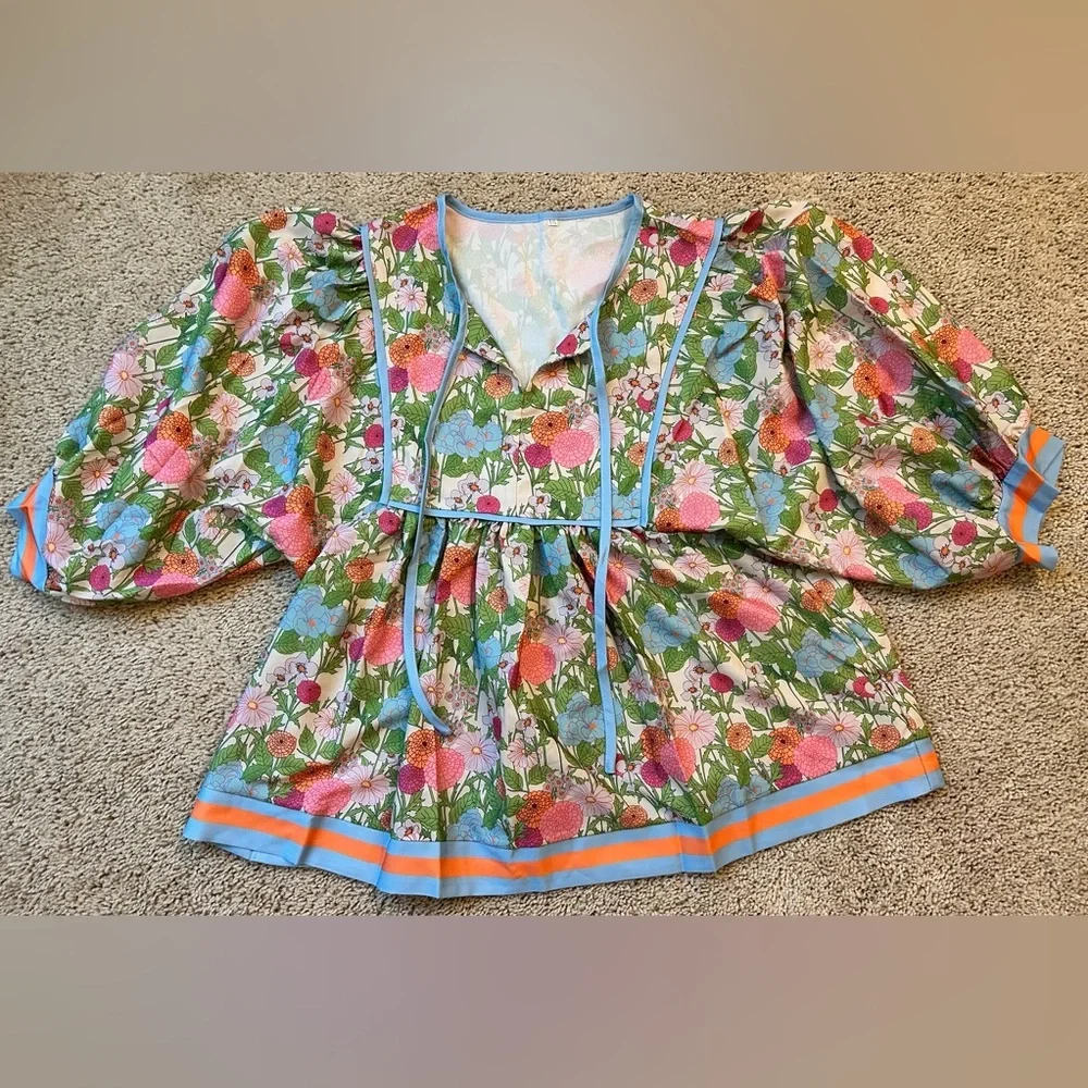 Floral Women's Top with Green and Orange Accents - Picture 2 of 5